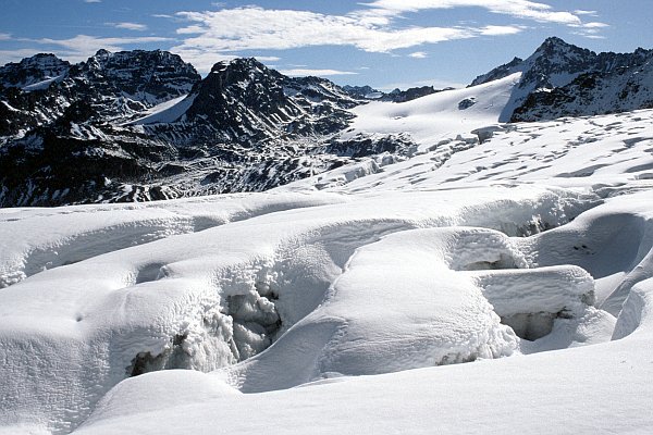 Ledovcové trhliny na Ochsentaler Gletscher